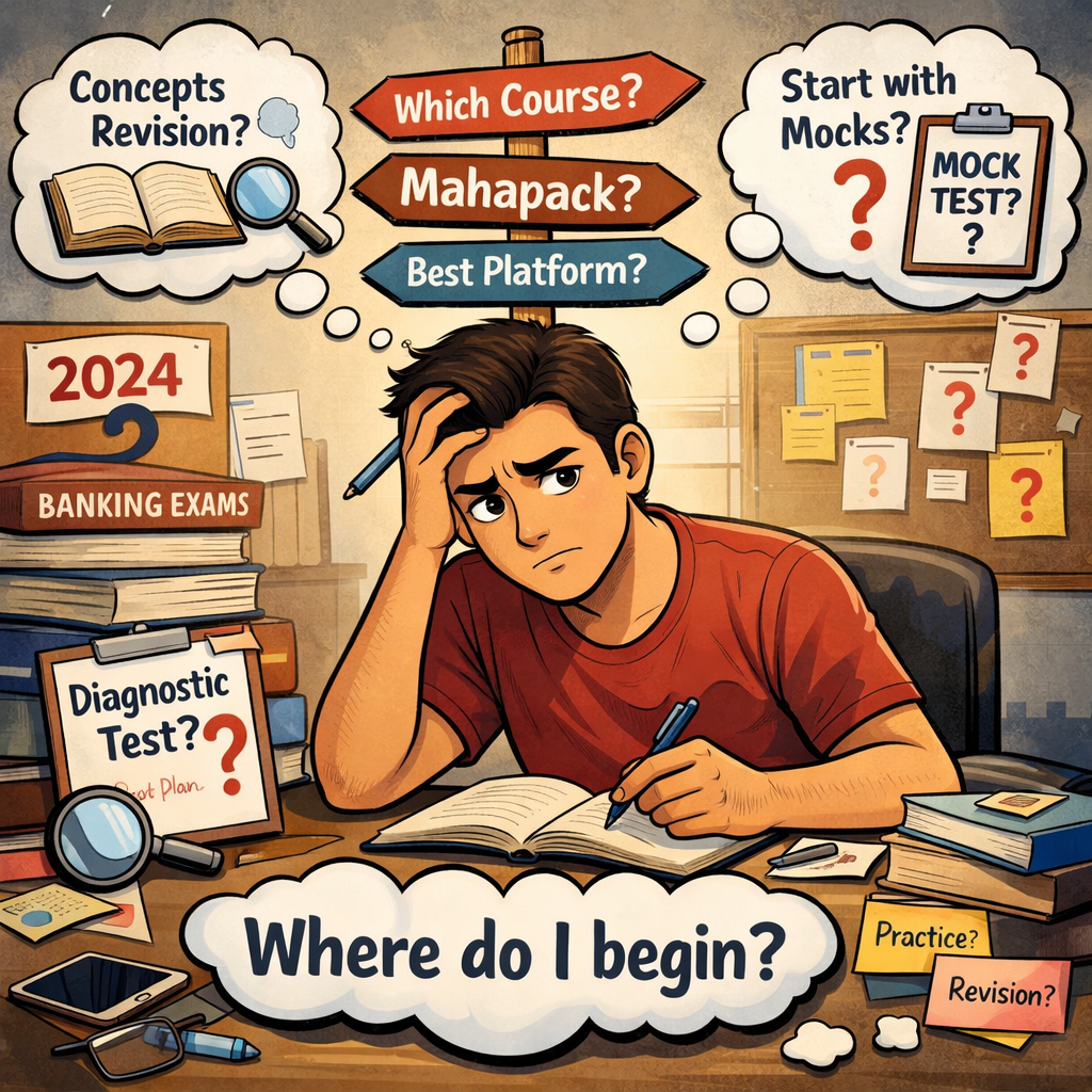 How to start my banking preparation??                                                                                                      I am feeling confused about how to properly start my banking exam preparation. My goal is to clear at least one banking exam this year, but I don’t have proper guidance or support.  I had started preparing last year, but due to college exams, I had to discontinue, and now my concepts are average but unclear and weak in application.  I am also confused about which paid banking course or Mahapack to choose, as the teachers I personally trust are spread across different platforms.  I need guidance on: Where should a beginner/re-starter like me start from? Should I begin with concept revision or mocks?  Where can I find beginner-level or diagnostic mocks to assess my current level?  How should I plan my preparation realistically along with revision and mocks?  Please guide me with a clear starting strategy.