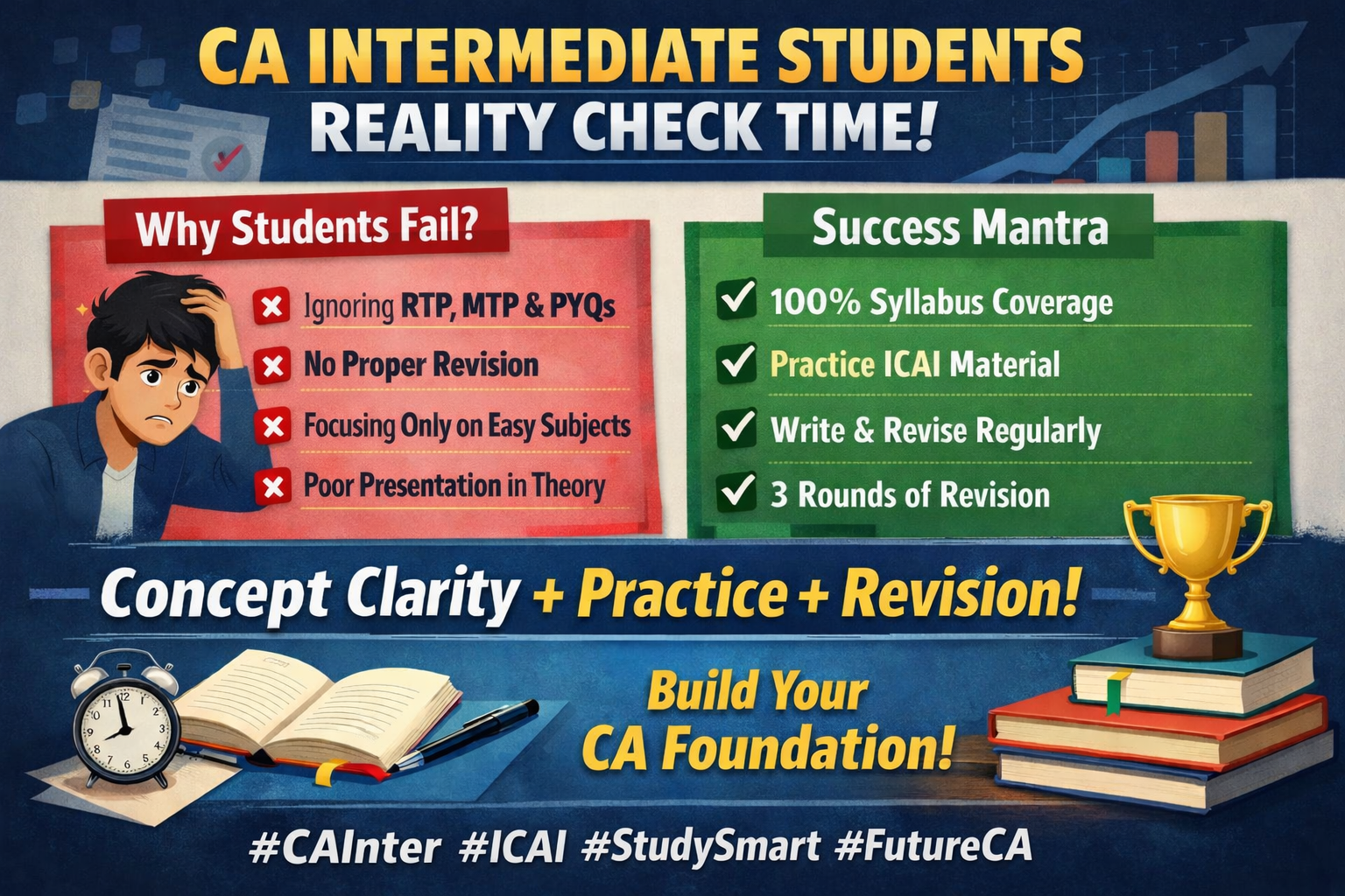CA Intermediate Students – Reality Check Time! 📊

CA Inter is not about studying more hours.
It’s about studying the right topics in the right sequence with proper revision strategy.

Most students fail not because they don’t study…
They fail because:

❌ They ignore RTP, MTP &amp; PYQs

❌ They don’t revise multiple times

❌ They focus only on comfortable subjects

❌ They underestimate presentation in theory papers

Remember 👇
CA Inter demands concept clarity + practice + revision discipline.

If you are preparing for the upcoming attempt:

✔️ Complete 100% syllabus
✔️ Solve ICAI material questions first
✔️ Practice writing answers within time
✔️ Keep 3 rounds of revision minimum

This is not just an exam.
It’s the stage that builds your CA foundation.

Stay consistent. Stay accountable. 💯

Comment your attempt month below and let’s track progress together.