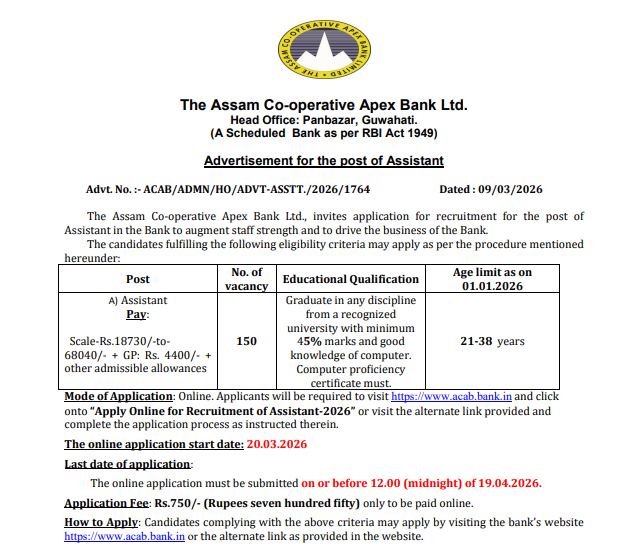 Assam Apex Bank Assistant Recruitment 2026 is now out with 150 vacancies.
Application starts from 20 March 2026 and the last date to apply is 19 April 2026.
Candidates with graduation (minimum 45%) and basic computer knowledge are eligible to apply.
Salary ranges from ₹18,730 to ₹68,040 along with grade pay and allowances.
This is a great opportunity for banking aspirants.

Official notification - https://www.acab.bank.in/Advertisement_Recruitment_Assistant_10.03.2026.pdf