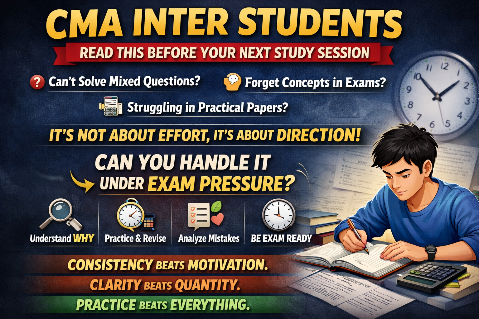 CMA Inter Students – Read This Before Your Next Study Session

Most students preparing for CMA Inter don’t fail because of lack of knowledge…
They struggle because of poor exam-oriented preparation.

Let’s be honest:

You complete chapters… but can’t solve mixed questions
You revise… but forget concepts in exams
You study theory… but struggle in practical papers

The problem isn’t effort — it’s direction.

In CMA Inter, what really matters is:

✔ Understanding why a concept works, not just how
✔ Practicing questions from multiple angles
✔ Timed revision (not open-ended study)
✔ Analyzing mistakes instead of ignoring them

Your preparation should answer one question:
👉 “Can I solve this under exam pressure?”

Because in the exam hall, you don’t get time to think from scratch —
you rely on what you’ve practiced repeatedly.

A simple shift that works:

Instead of saying
❌ “I studied 6 hours today”

Start saying
✅ “I solved 50 exam-level questions today”

Remember:
Consistency beats motivation.
Clarity beats quantity.
Practice beats everything.

Stay focused. You’re closer than you think.