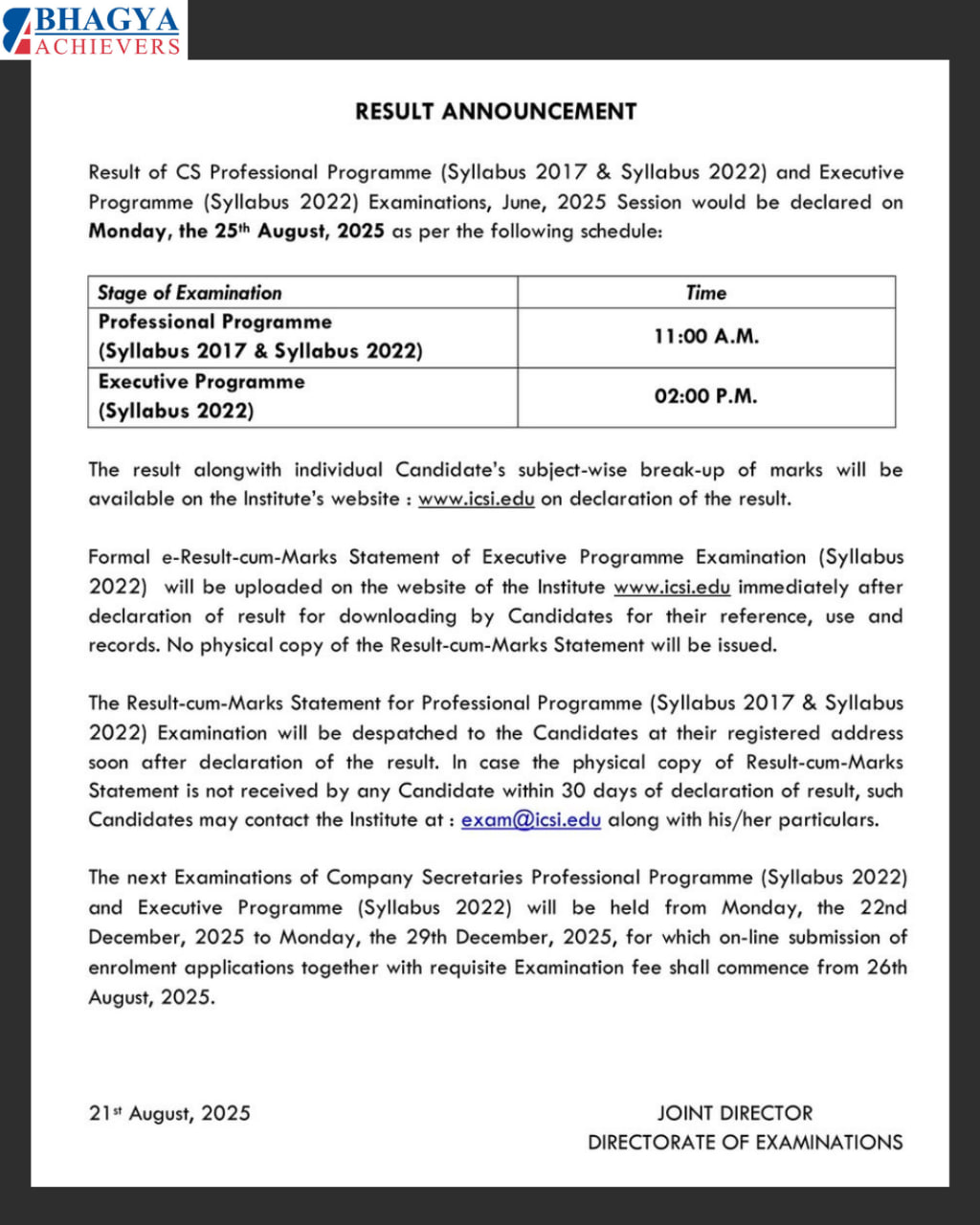 ICSI RESULT ANNOUCEMENT 