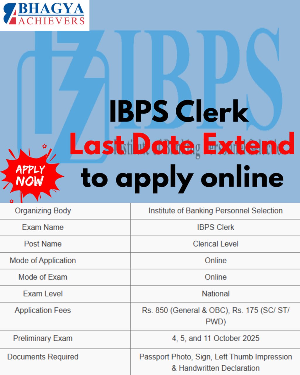 IBPS Clerk Last date Extend to apply online 