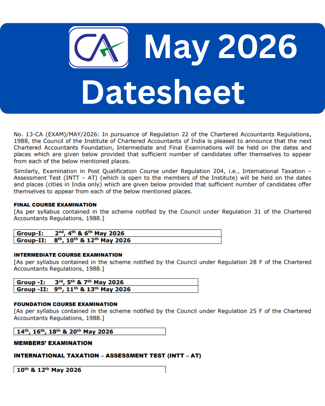 CA May 2026 Datesheet Released 