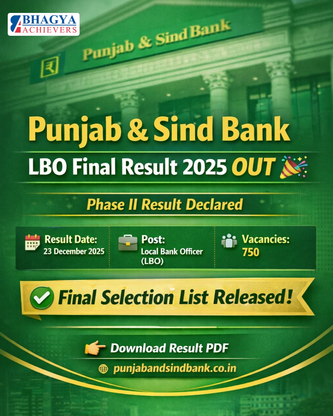 Punjab and Sind Bank LBO Final Result Out 2025 !! Check your result now below link https://punjabandsind.bank.in/system/uploads/recruitment/7932_2025122215125872192.pdf