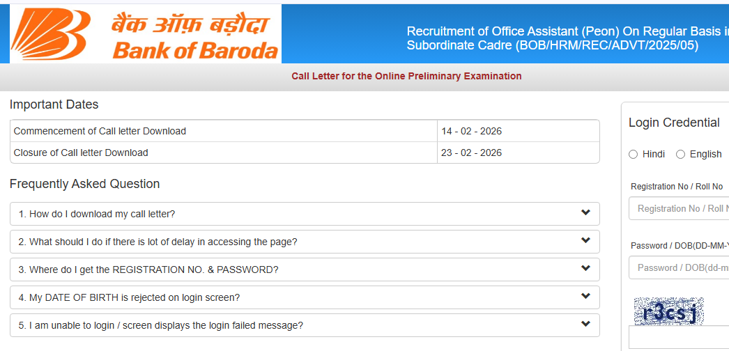 Bank of Baroda Peon Admit Card Out 2026 !! Exam will be held on 22 &amp; 23 Feb 2026  Download now :- https://ibpsonline.ibps.in/bobapr25/opecla_feb26/login.php?appid=5801100cbb3da9bfd57d947475d1149d