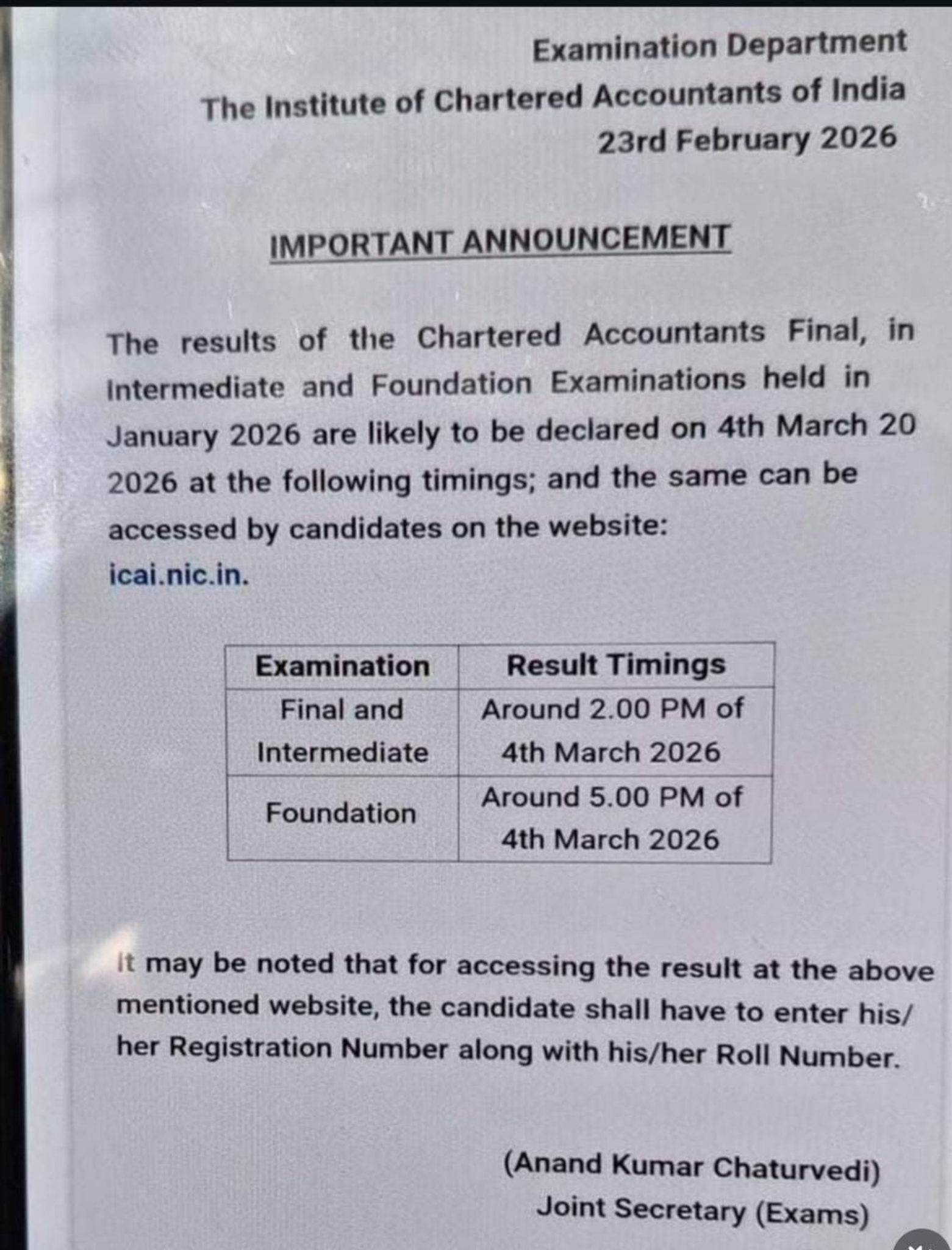 CA Final Jan 26 Expected Result Date &amp; Timing